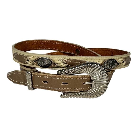 Vintage Accessories - Vintage Western Leather Skinny Concho Belt Small Cream Taupe Embellished Cowgirl